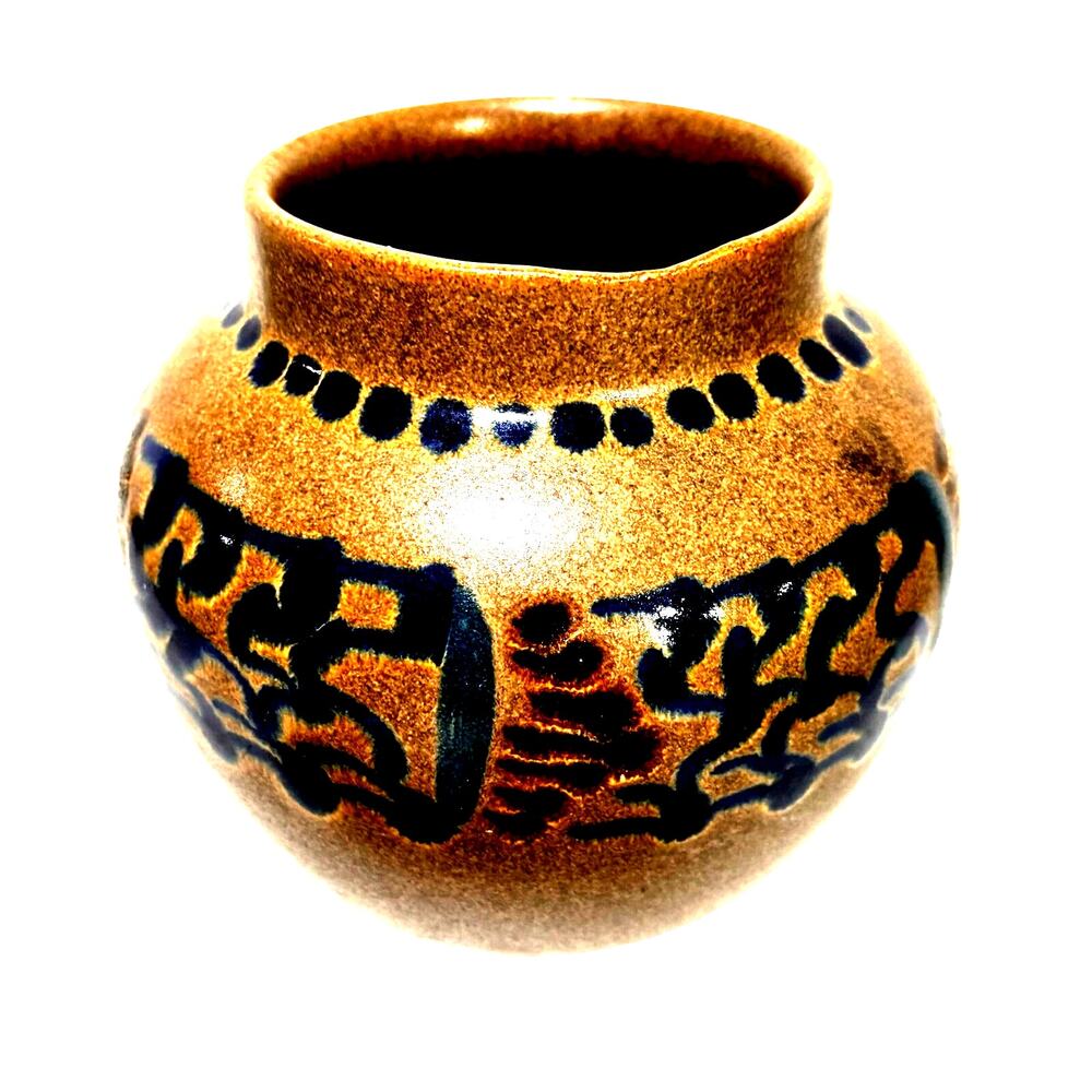 Vintage VEB Haldensleben Germany Stoneware Pottery Vase Cobalt Blue & Caramel